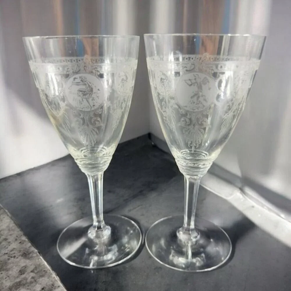 Heisey Pied Piper Etched Crystal Water Goblet Delicate Stemware Glasses Set 2
